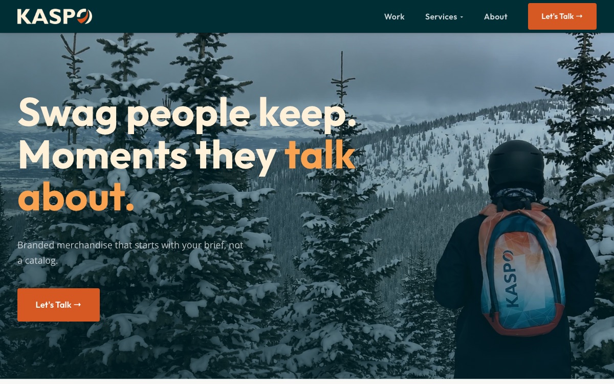 Kaspo website — branded merchandise and event marketing agency. Built from a Competitive Diagnostic and GTM Blueprint by Outcome Marketing.